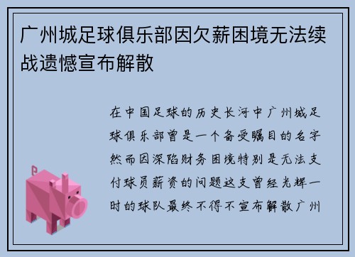 广州城足球俱乐部因欠薪困境无法续战遗憾宣布解散