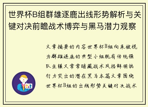 世界杯B组群雄逐鹿出线形势解析与关键对决前瞻战术博弈与黑马潜力观察